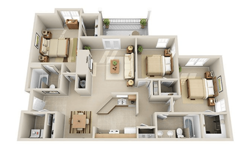 Floor plan for 3 beds, 2 baths, 1276 sqft