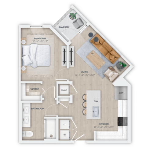 Floor plan for 1 bed, 1 bath, 741 sqft