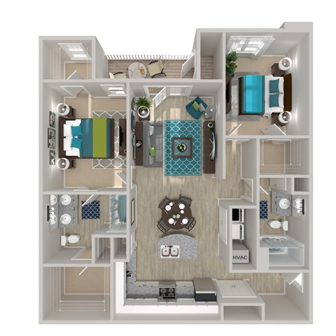 Floor plan for 2 beds, 2 baths, 1227 sqft