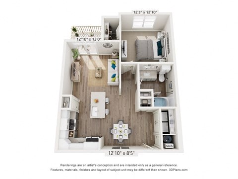 Floor plan for 1 bed, 1 bath, 776 sqft