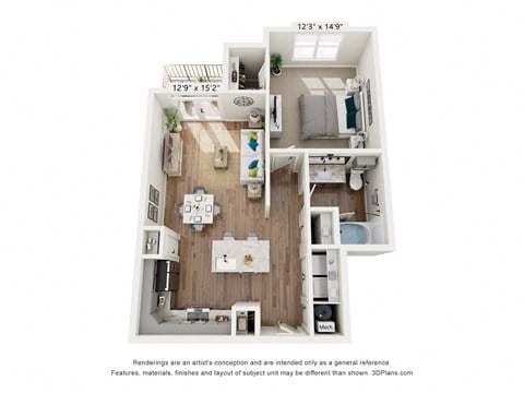 Floor plan for 1 bed, 1 bath, 739 sqft