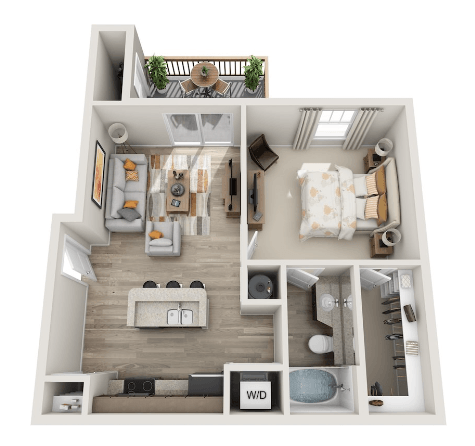 Floor plan for 1 bed, 1 bath, 652 sqft