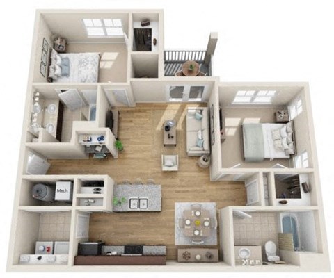 Floor plan for 2 beds, 2 baths, 1013 sqft
