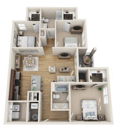 Floor plan for 3 beds, 2 baths, 1200 sqft