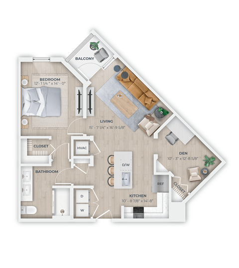 Floor plan for 1 bed, 1 bath, 840 sqft