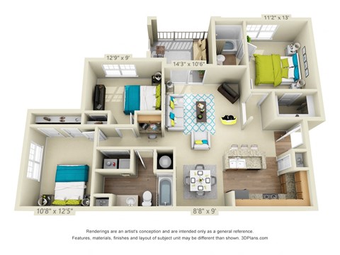 Floor plan for 3 beds, 2 baths, 1187 sqft