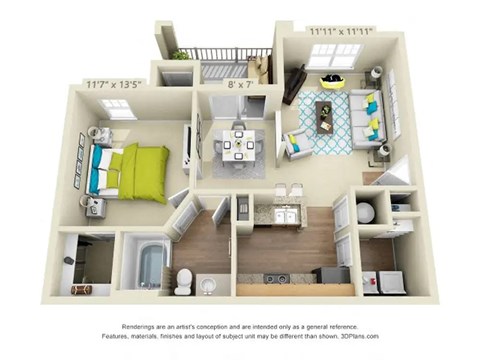 Floor plan for 1 bed, 1 bath, 735 sqft