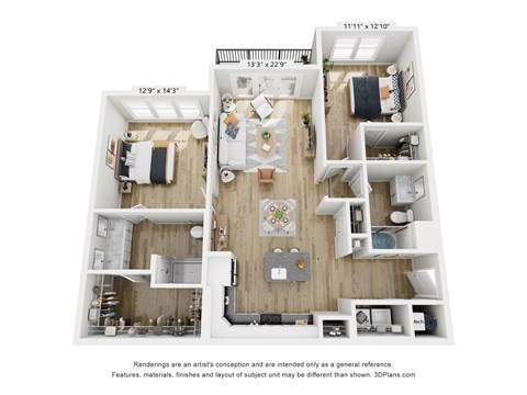 Floor plan for 2 beds, 2 baths, 1286 sqft