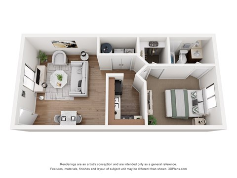 Floor plan for 1 bed, 1 bath, 544 sqft