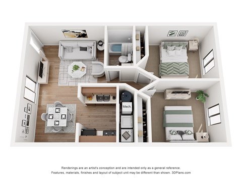 Floor plan for 2 beds, 1 bath, 714 sqft