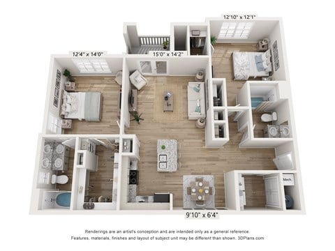Floor plan for 2 beds, 2 baths, 1232 sqft