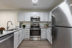 Holly Springs apartment for rent - a kitchen with stainless steel appliances and white cabinets