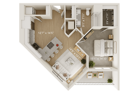 Floor plan for 1 bed, 1 bath, 741 sqft