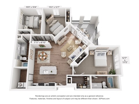 Floor plan for 3 beds, 2 baths, 1301 sqft