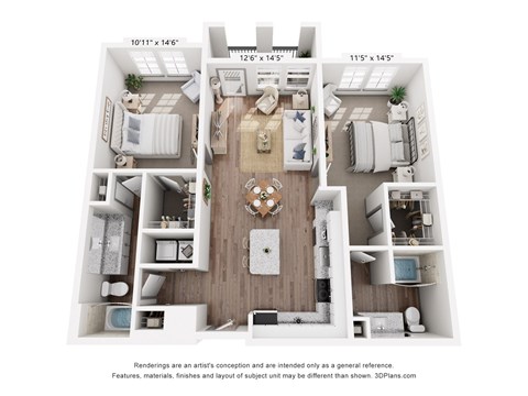 Floor plan for 2 beds, 2 baths, 1126 sqft