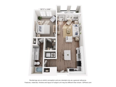 Floor plan for 1 bed, 1 bath, 776 sqft