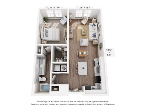 Floor plan for 1 bed, 1 bath, 875 sqft