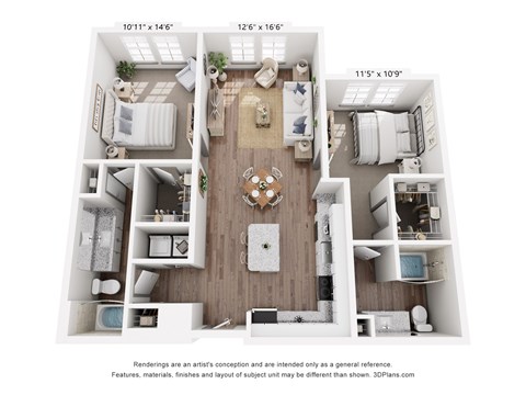 Floor plan for 2 beds, 2 baths, 1226 sqft