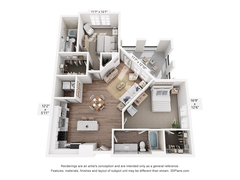 Floor plan for 2 beds, 2 baths, 1166 sqft