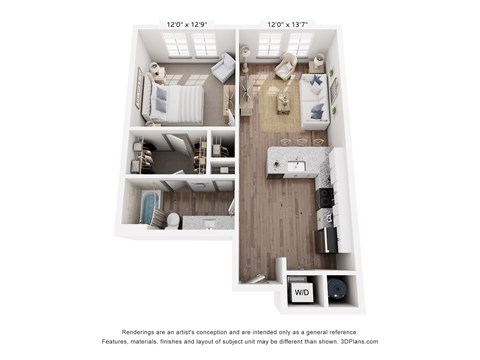 Floor plan for 1 bed, 1 bath, 700 sqft