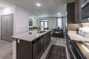 Vestavia Hills apartment for rent - A modern kitchen with dark wood cabinets and a granite countertop.