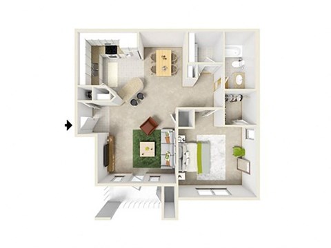 Floor plan for 1 bed, 1 bath, 956 sqft