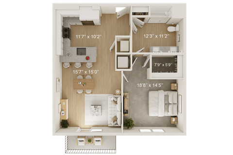 Floor plan for 1 bed, 1 bath, 852 sqft