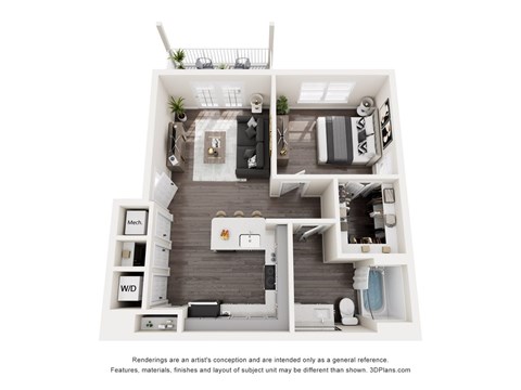 Floor plan for 1 bed, 1 bath, 688 sqft