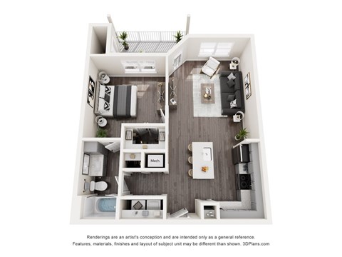 Floor plan for 1 bed, 1 bath, 765 sqft
