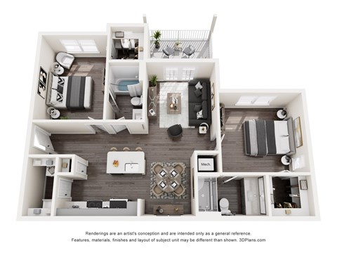 Floor plan for 2 beds, 2 baths, 1091 sqft