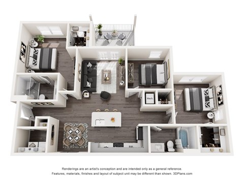 Floor plan for 3 beds, 2 baths, 1255 sqft