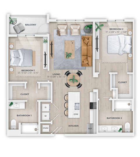Floor plan for 2 beds, 2 baths, 1165 sqft