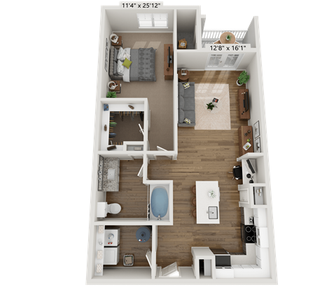 Floor plan for 1 bed, 1 bath, 859 sqft