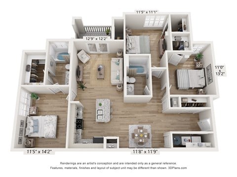 Floor plan for 3 beds, 2 baths, 1320 sqft