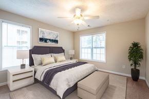 Spring Lake apartment for rent - A bedroom with a large bed, a ceiling fan, and a potted plant.
