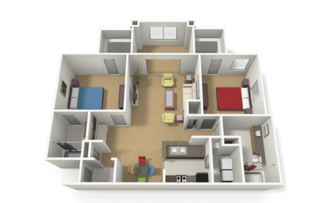 Floor plan for 2 beds, 2 baths, 1202 sqft
