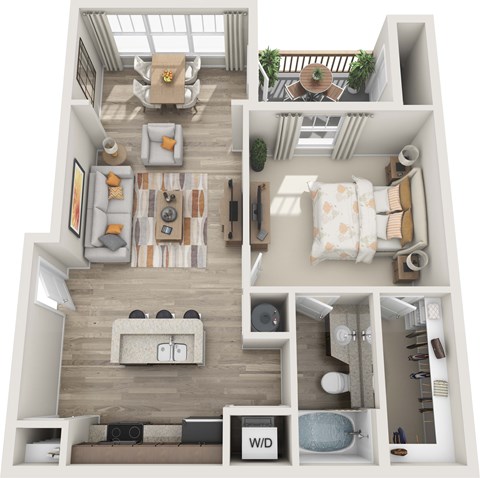 Floor plan for 1 bed, 1 bath, 755 sqft