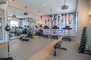 Jamestown apartment for rent - a gym with exercise equipment and a colorful wall of fitness equipment