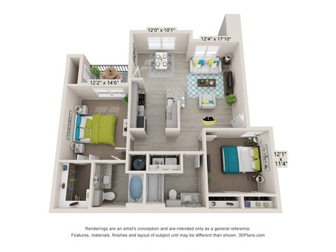 Floor plan for 2 beds, 2 baths, 1049 sqft