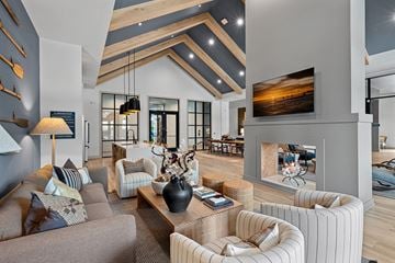 Candler apartment for rent - A modern living room with a grey couch and a wooden coffee table.