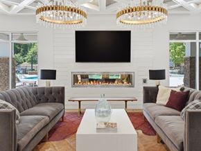Chattanooga apartment for rent - A modern living room with a grey sofa, a white coffee table, and a fireplace.