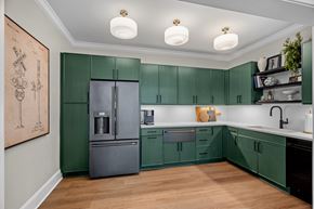 Greensboro apartment for rent - A kitchen with green cabinets and a fridge.