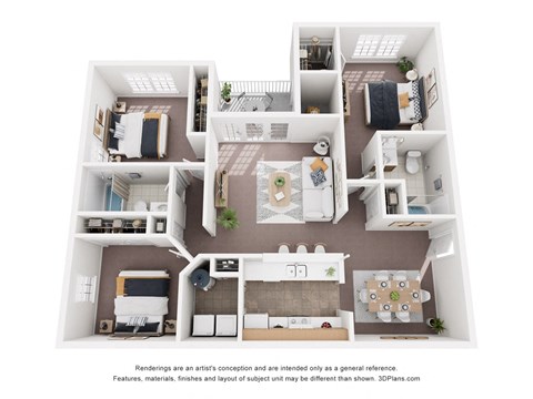 Floor plan for 3 beds, 2 baths, 1233 sqft
