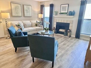 Asheville apartment for rent - A living room with a white couch and a grey armchair.