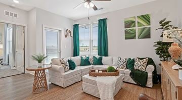 Little River apartment for rent - A living room with a white couch and a green plant on the table.