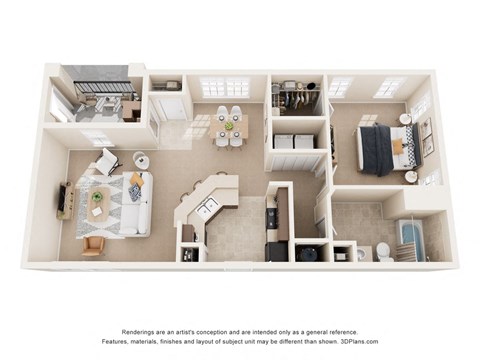 Floor plan for 1 bed, 1 bath, 992 sqft