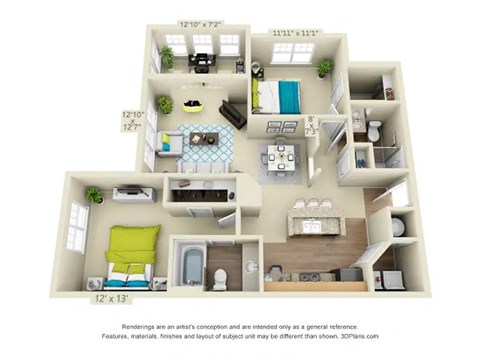 Floor plan for 2 beds, 2 baths, 1054 sqft