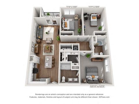 Floor plan for 3 beds, 2 baths, 1396 sqft