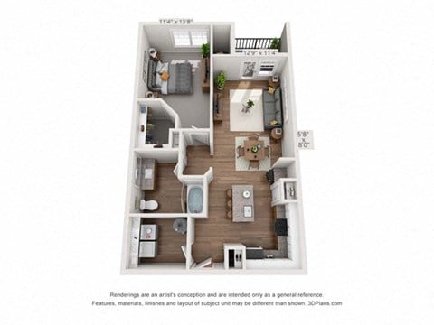Floor plan for 1 bed, 1 bath, 841 sqft