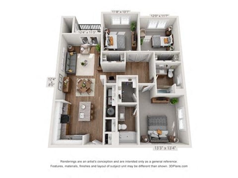 Floor plan for 3 beds, 2 baths, 1311 sqft